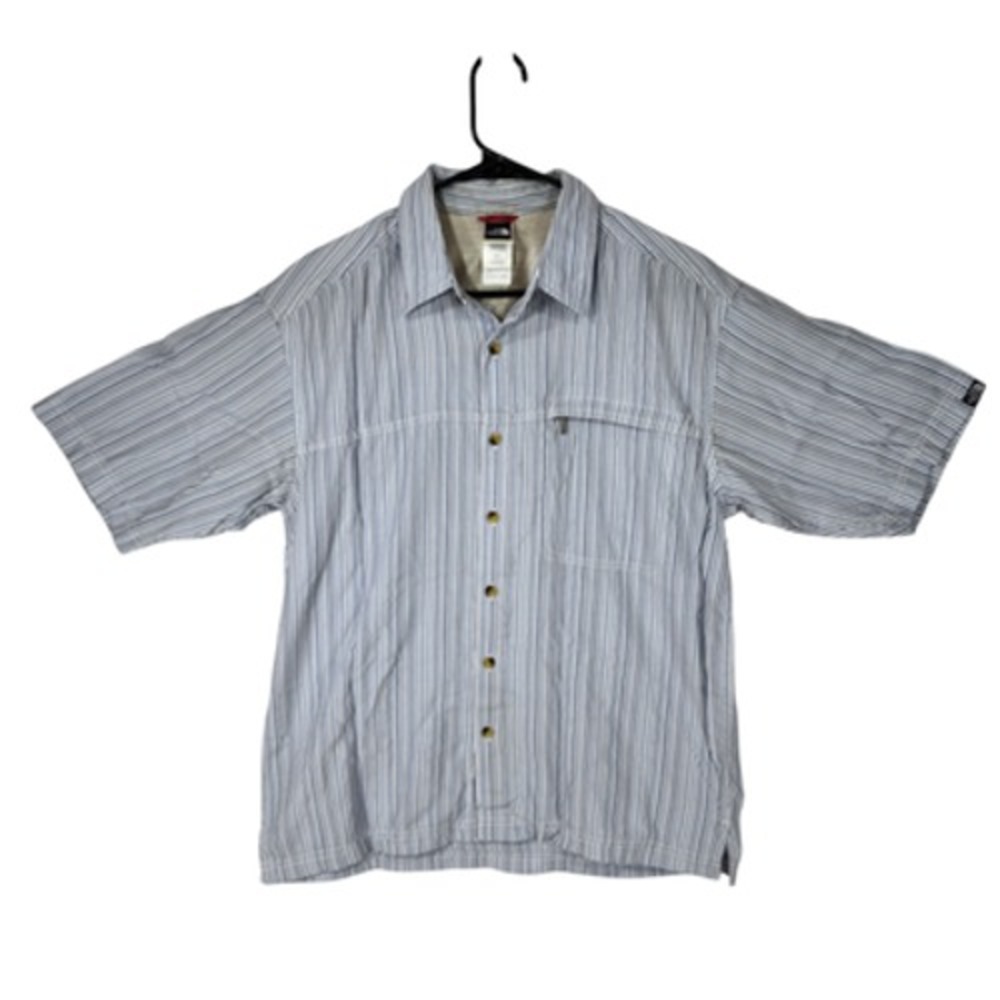 North Face M Mens Short Sleeve‎ Button Up Shirt Striped Blue Performance Fishing